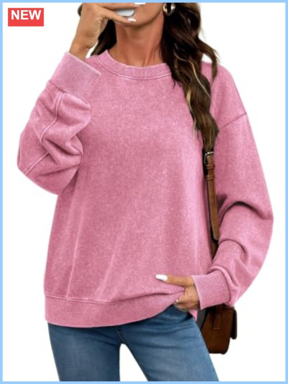 Acid Wash Crewneck Sweatshirt Women Long Sleeve Pullover Top 60% Cotton 40%